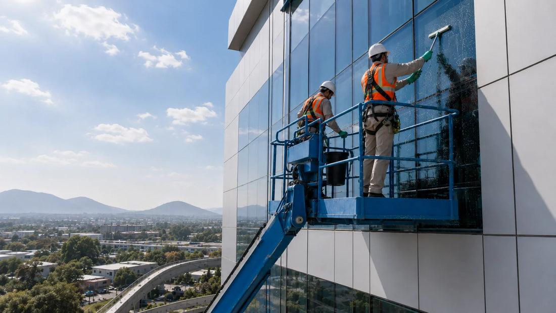 Técnicos de Grupo Limpro realizando limpieza de cristales en altura con grúa tipo Genie sobre la fachada de un edificio corporativo en el Bajío.