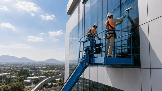Técnicos de Grupo Limpro realizando limpieza de cristales en altura con grúa tipo Genie sobre la fachada de un edificio corporativo en el Bajío.