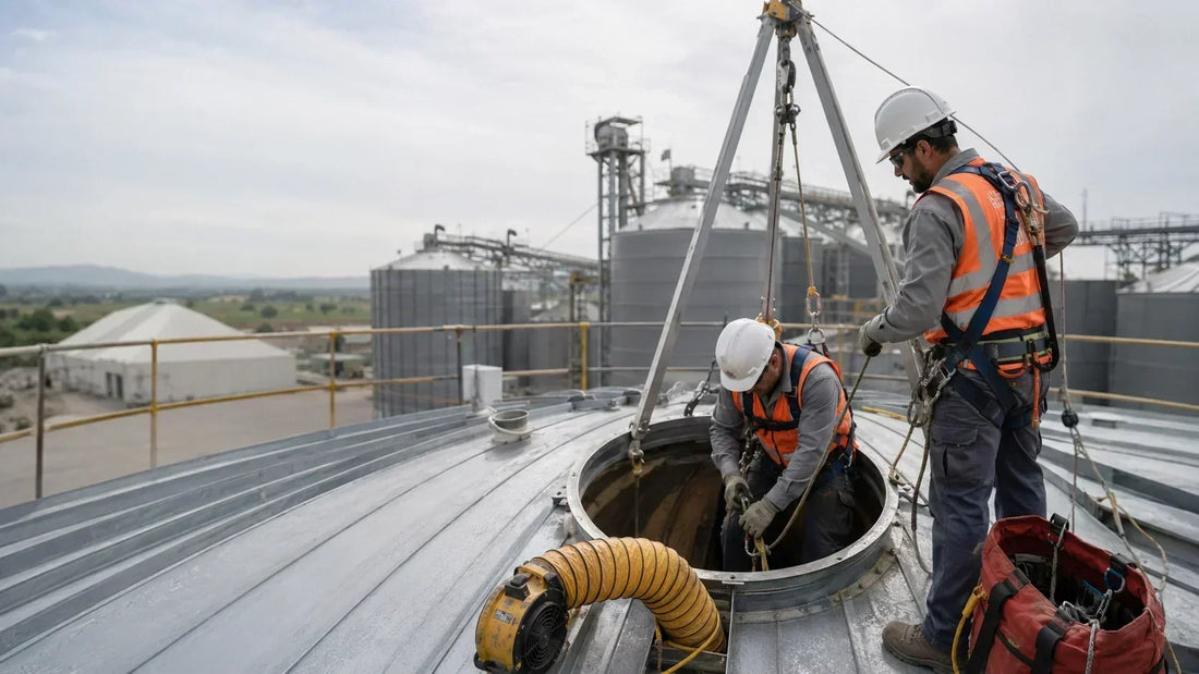 Técnicos con equipo de seguridad preparando la limpieza interior de un silo industrial con ventilación y sistema de rescate en el Bajío.