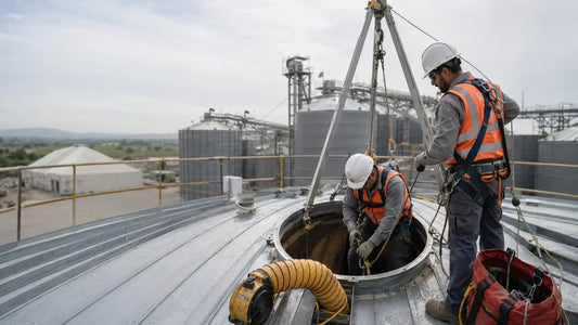 Técnicos con equipo de seguridad preparando la limpieza interior de un silo industrial con ventilación y sistema de rescate en el Bajío.