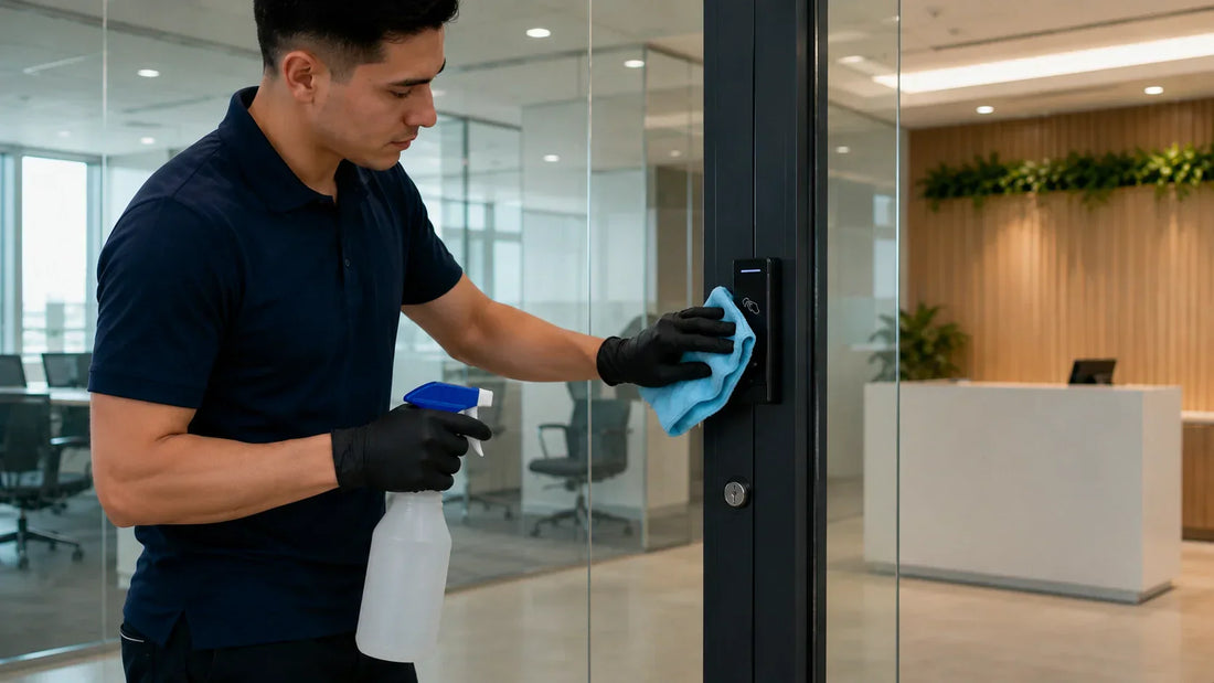 Operario desinfectando un lector de acceso en una oficina corporativa nueva durante el proceso de sanitización pre inauguración para preparar áreas de alto contacto.