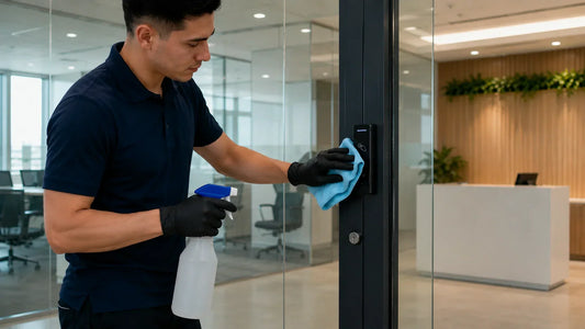 Operario desinfectando un lector de acceso en una oficina corporativa nueva durante el proceso de sanitización pre inauguración para preparar áreas de alto contacto.