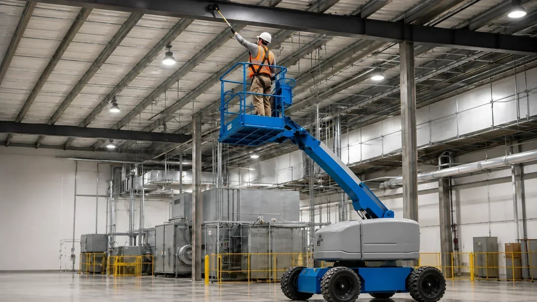 Técnico con equipo de protección realizando limpieza en altura desde una plataforma articulada dentro de una planta industrial.